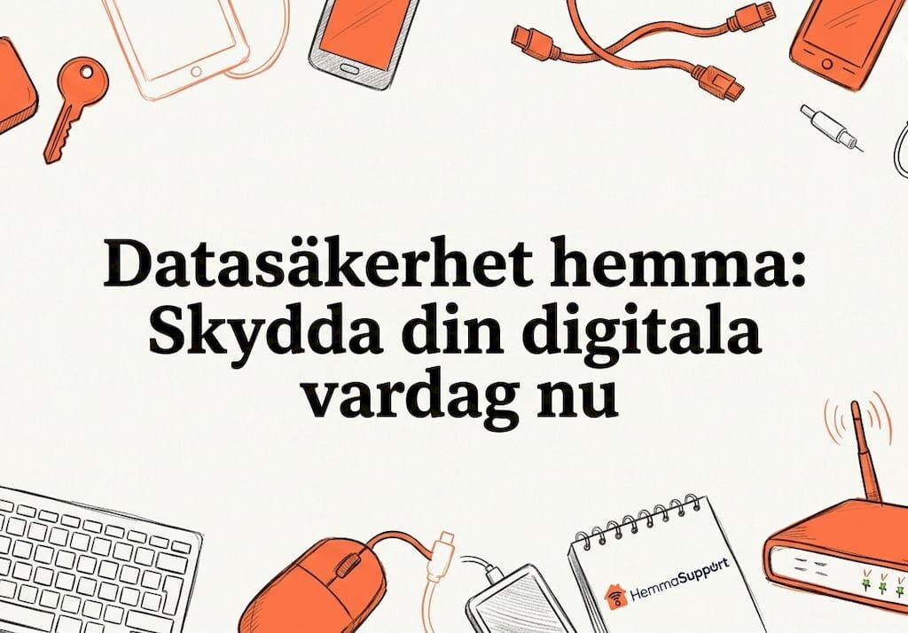 Handritad rubrik om IT-säkerhet med tekniska inslag i hörnen
