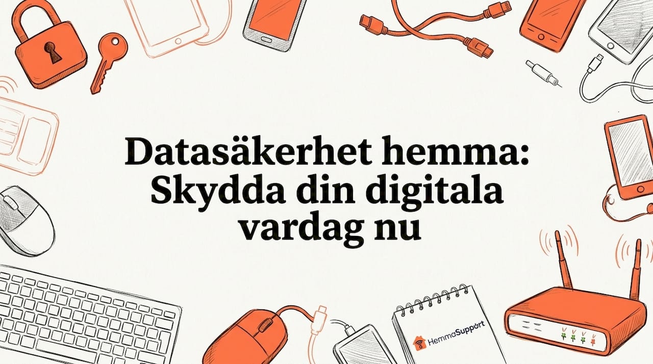Handritad rubrik om IT-säkerhet med tekniska inslag i hörnen