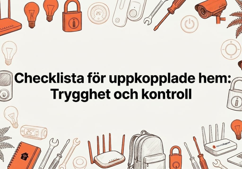 Handritad rubrikskylt till bloggen, där olika smarta hem-prylar ramar in texten på ett snyggt sätt.
