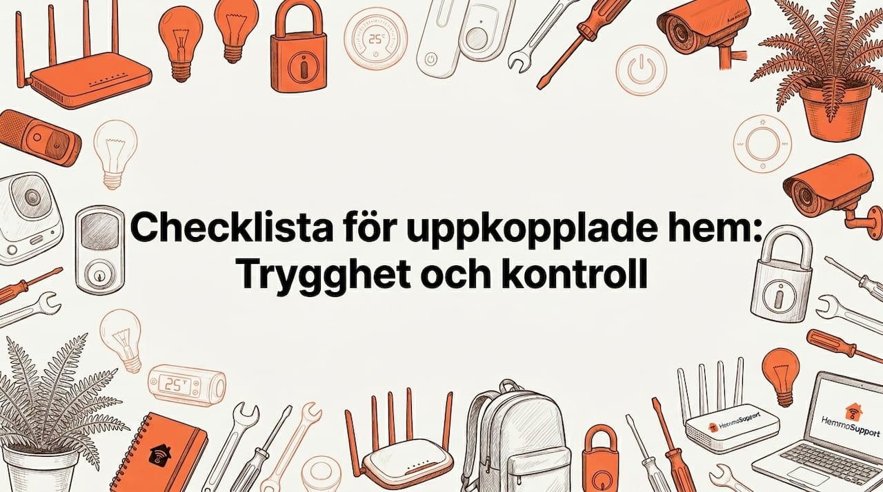 Handritad rubrikskylt till bloggen, där olika smarta hem-prylar ramar in texten på ett snyggt sätt.