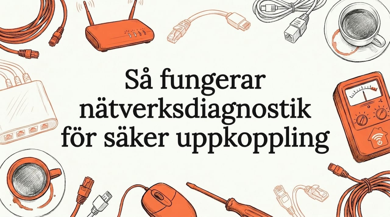 Handritad illustration till bloggtiteln, inramad av olika nätverksdetaljer