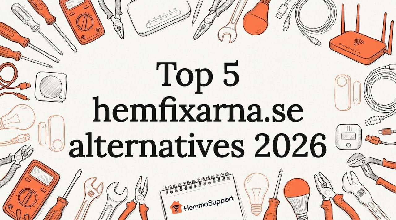 Handritad titelbild med olika prylar från hemmet och modern teknik runtom, med en tydlig yta i mitten.