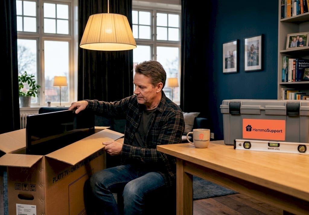 En man packar upp en ny tv för att sätta upp den i vardagsrummet.