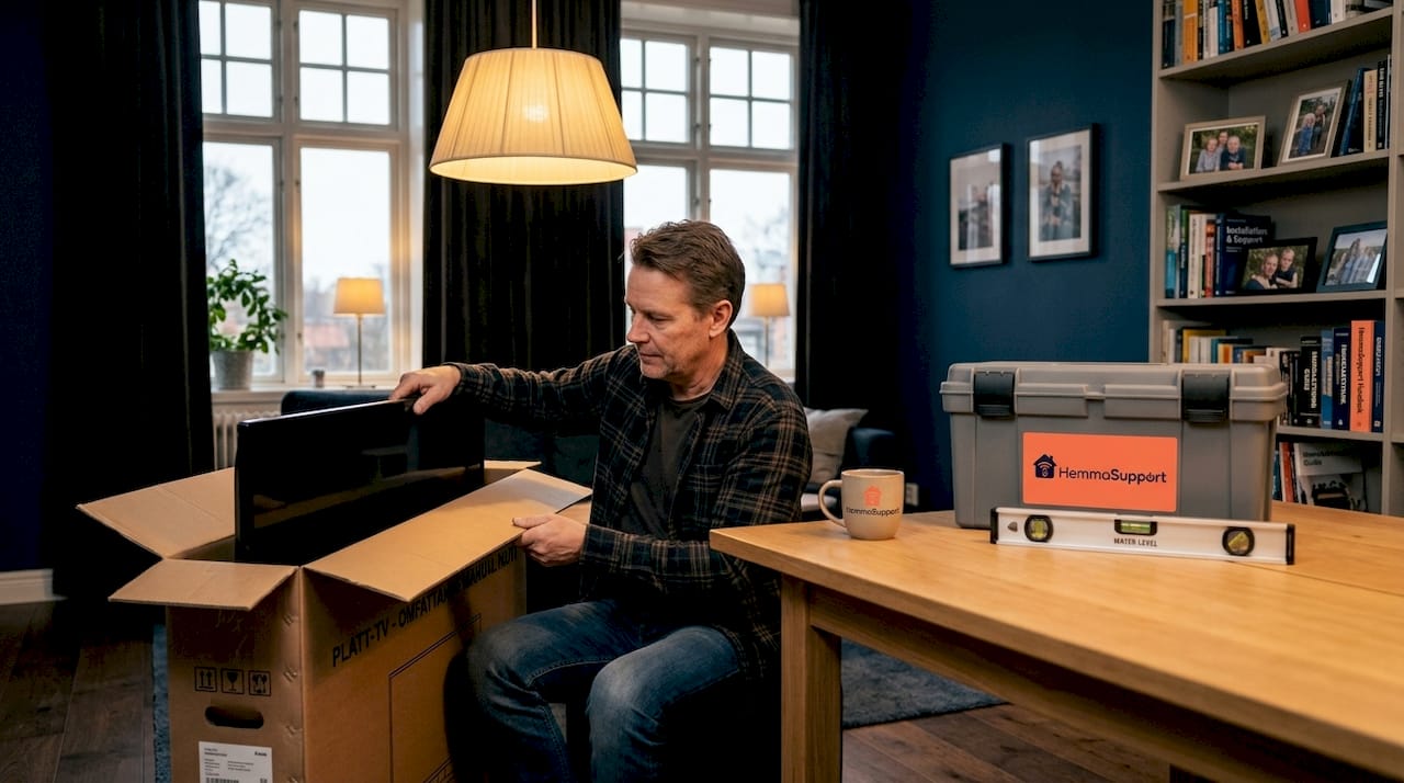 En man packar upp en ny tv för att sätta upp den i vardagsrummet.