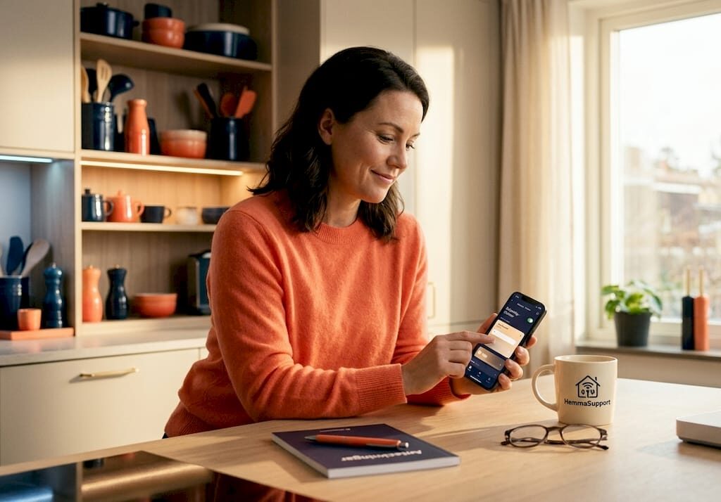 Kvinna hanterar sitt smarta hem direkt från mobilen