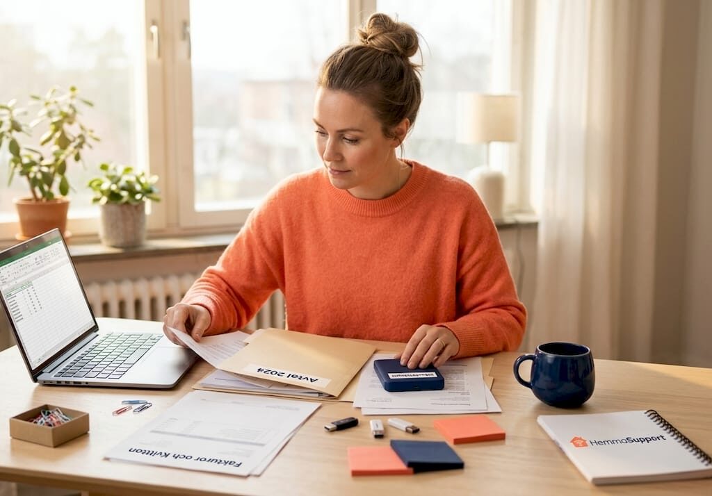 En person sitter vid sitt skrivbord och går igenom datorn för att rensa och få bättre ordning bland filer och mappar.