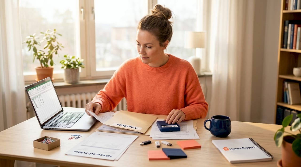 En person sitter vid sitt skrivbord och går igenom datorn för att rensa och få bättre ordning bland filer och mappar.