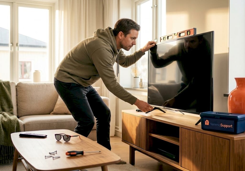 En person som justerar teven på tv-bänken i vardagsrummet.