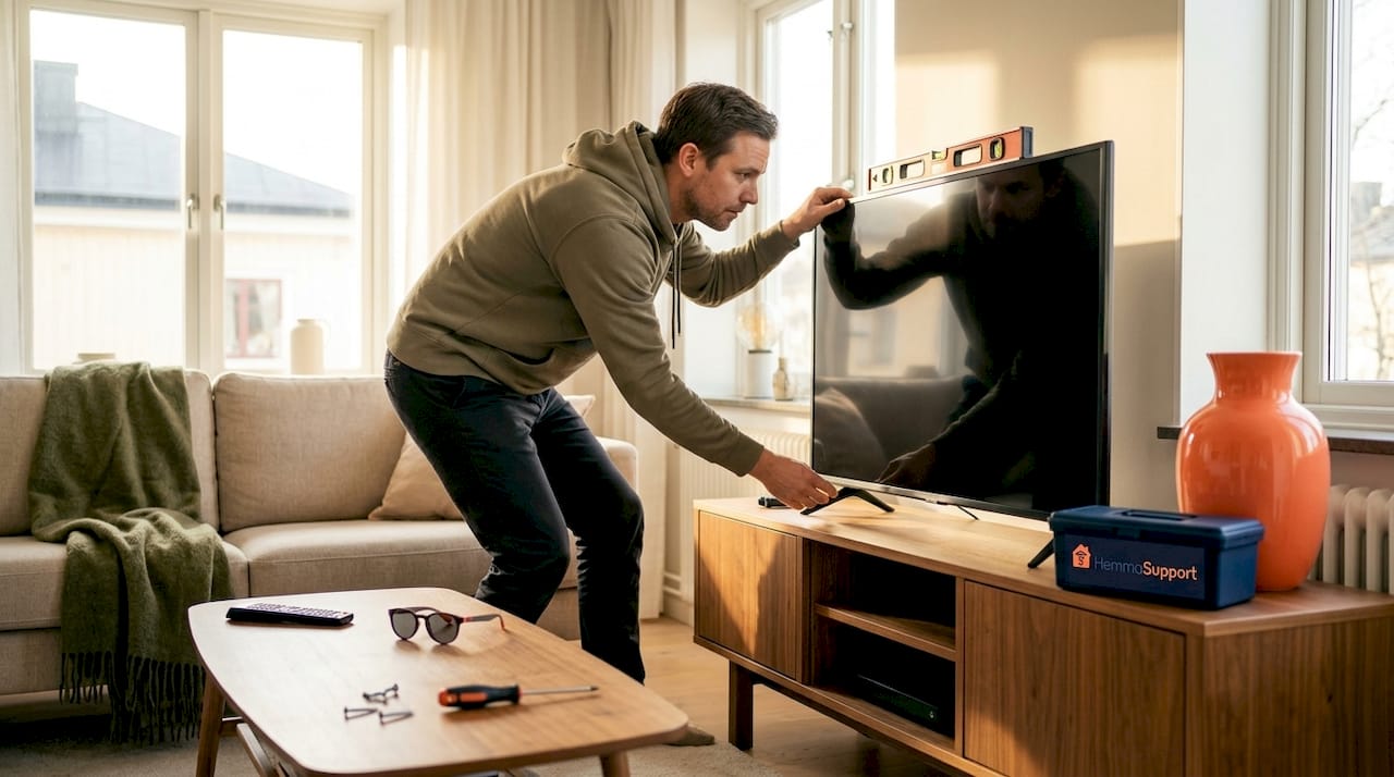 En person som justerar teven på tv-bänken i vardagsrummet.