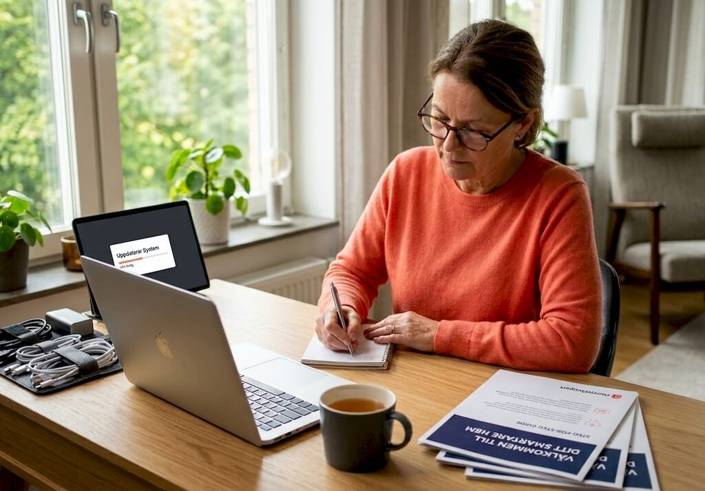 Kvinna får hjälp av IT-support hemma medan hon uppdaterar sin laptop