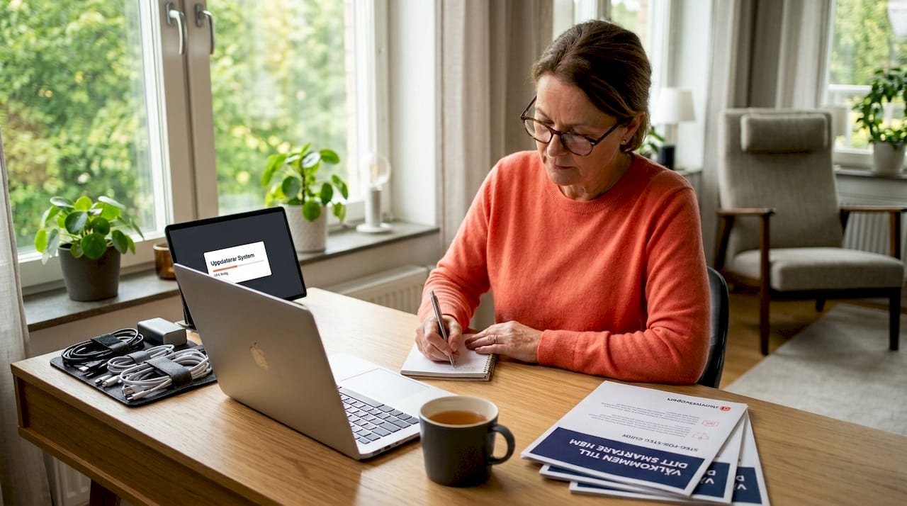 Kvinna får hjälp av IT-support hemma medan hon uppdaterar sin laptop