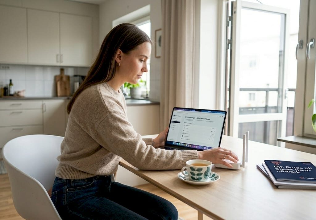 En person sitter vid köksbordet och kollar så att wifi-inställningarna fungerar som de ska.