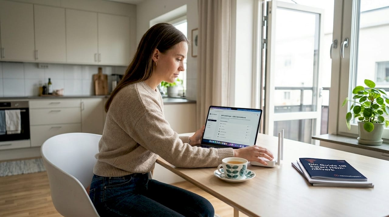 En person sitter vid köksbordet och kollar så att wifi-inställningarna fungerar som de ska.