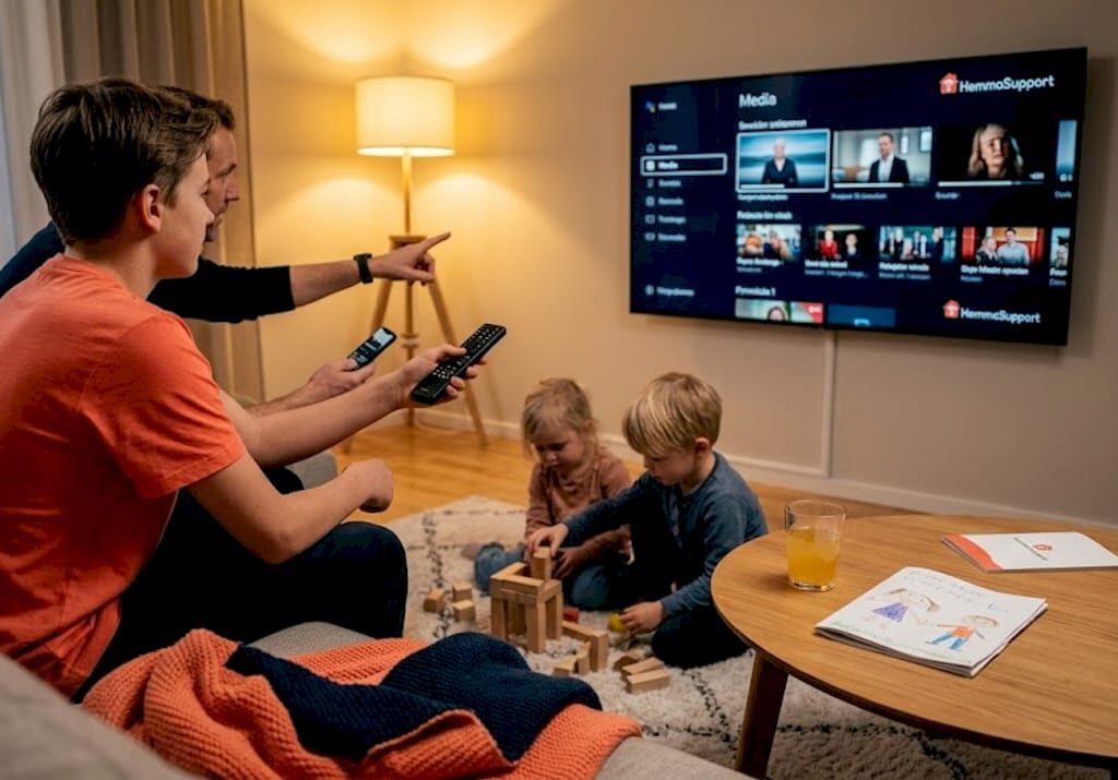 En familj samlas i vardagsrummet och använder tv-boxen tillsammans.