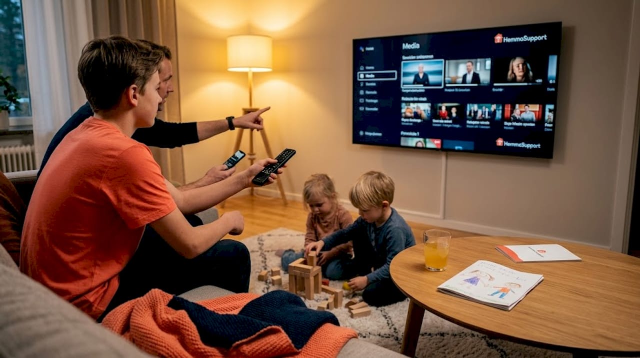 En familj samlas i vardagsrummet och använder tv-boxen tillsammans.