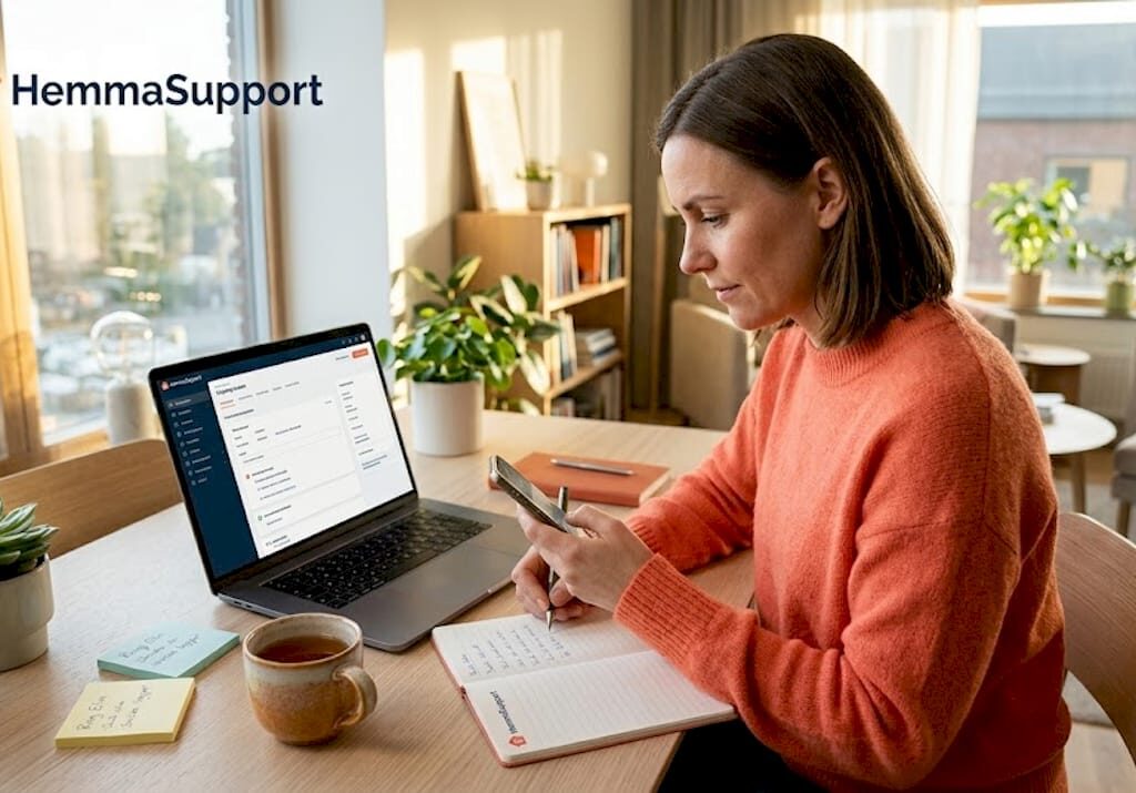 Kvinna gör sig redo för att ge IT-support hemifrån, i sin vardagliga miljö.