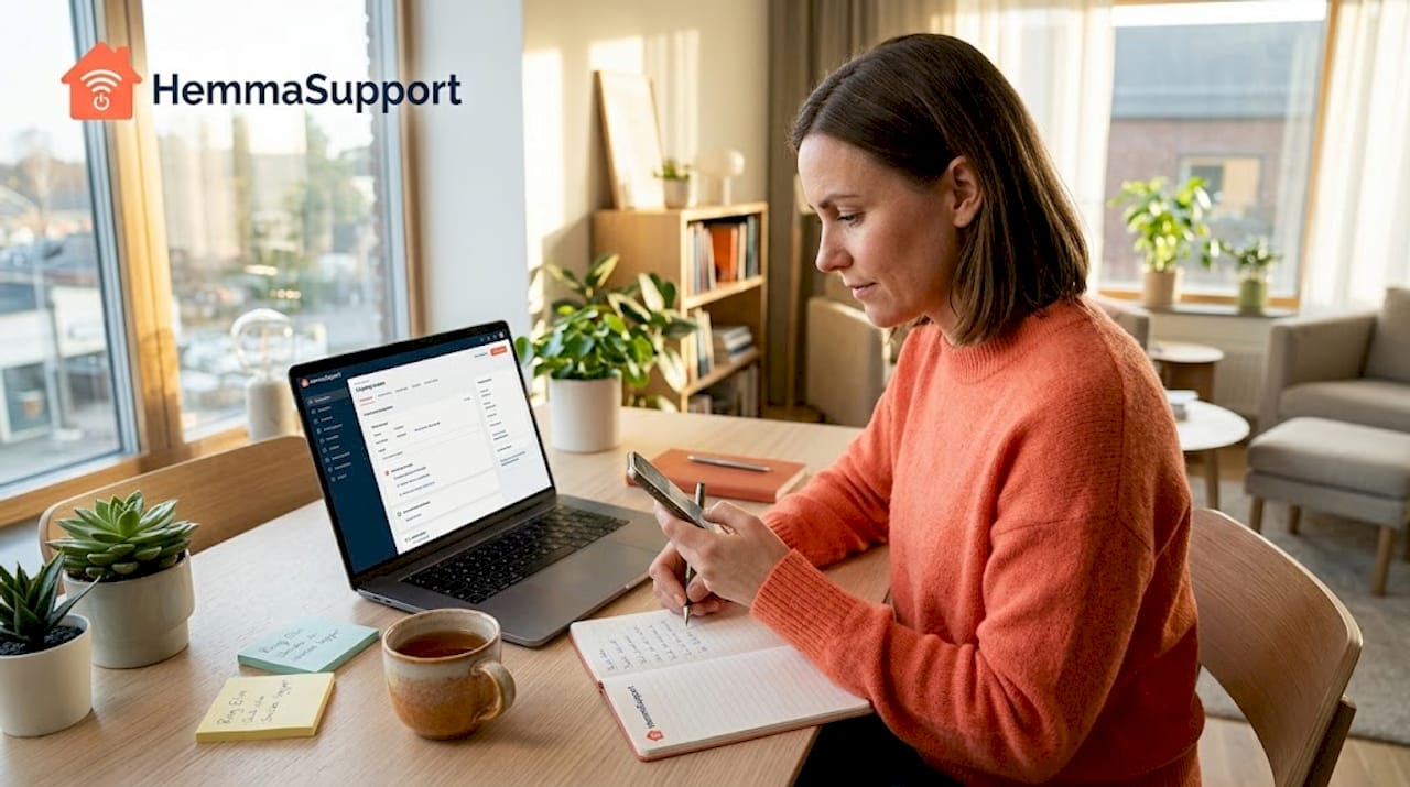 Kvinna gör sig redo för att ge IT-support hemifrån, i sin vardagliga miljö.