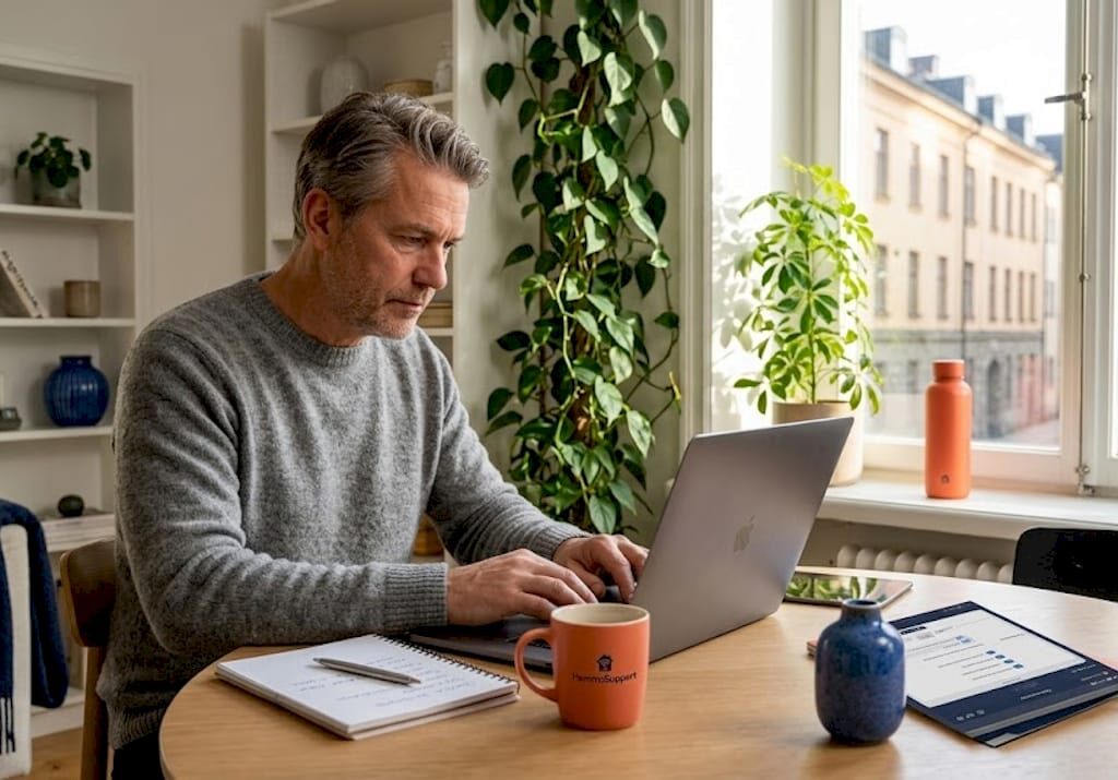 En person jobbar med datorservice hemma vid köksbordet.