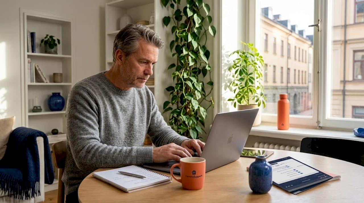 En person jobbar med datorservice hemma vid köksbordet.