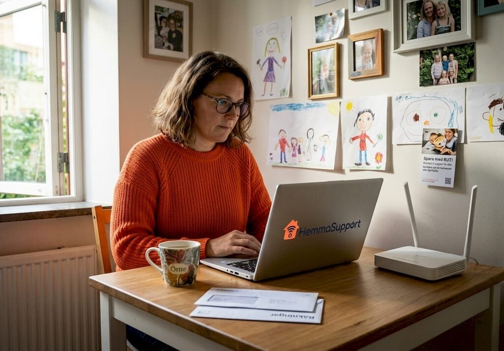 En kvinna sitter hemma och arbetar vid sin laptop, med routern placerad precis intill.