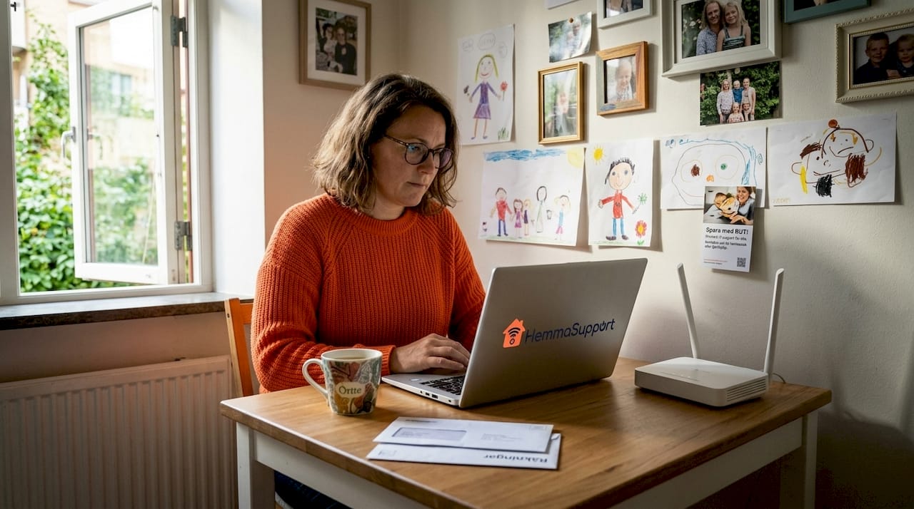 En kvinna sitter hemma och arbetar vid sin laptop, med routern placerad precis intill.