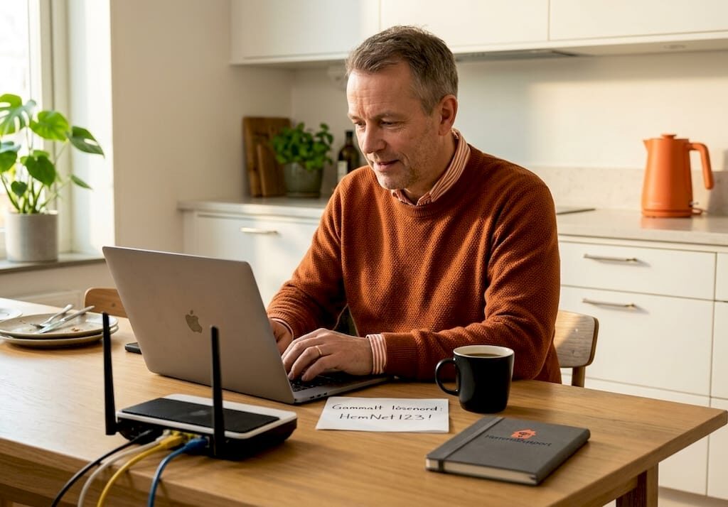 Sitter vid köksbordet med laptopen och ändrar wifi-lösenordet.