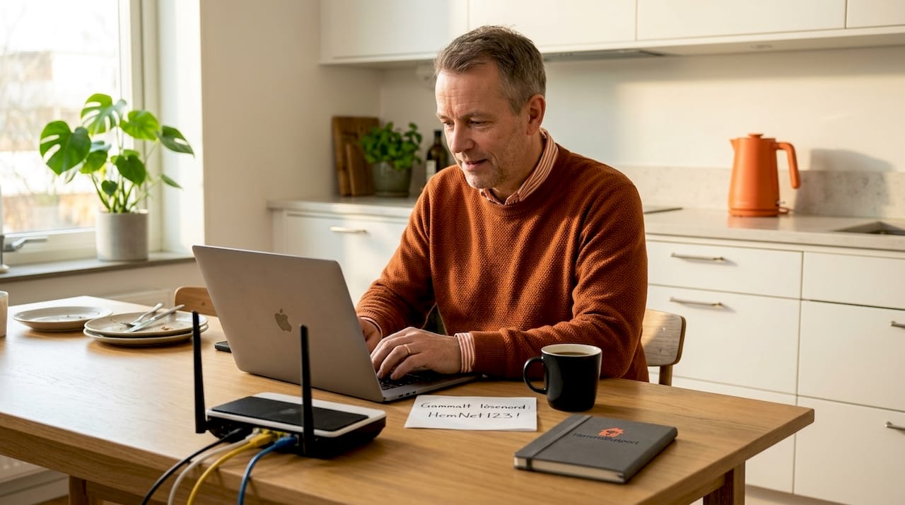 Sitter vid köksbordet med laptopen och ändrar wifi-lösenordet.