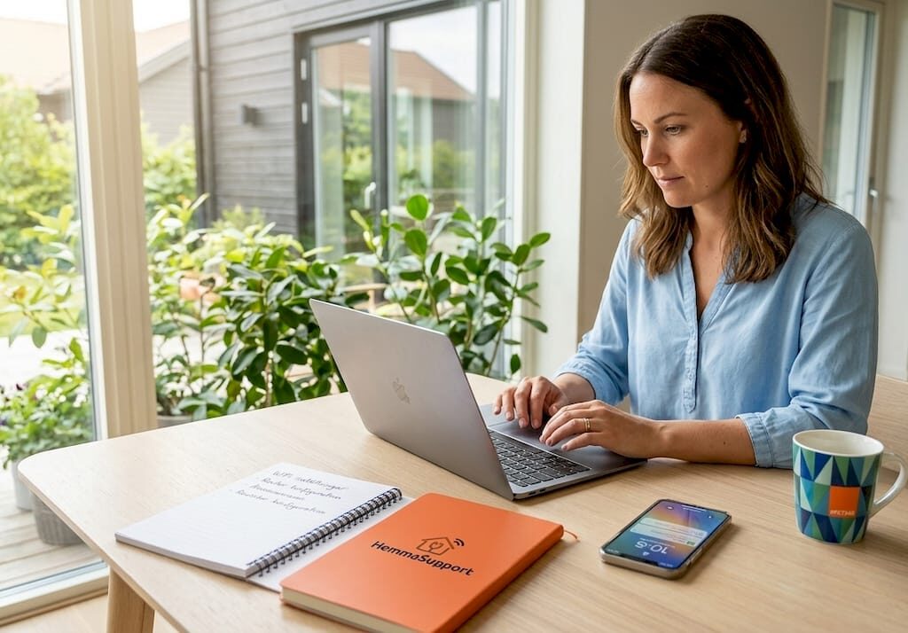 Yrkesverksam kvinna som jobbar hemifrån vid sin laptop