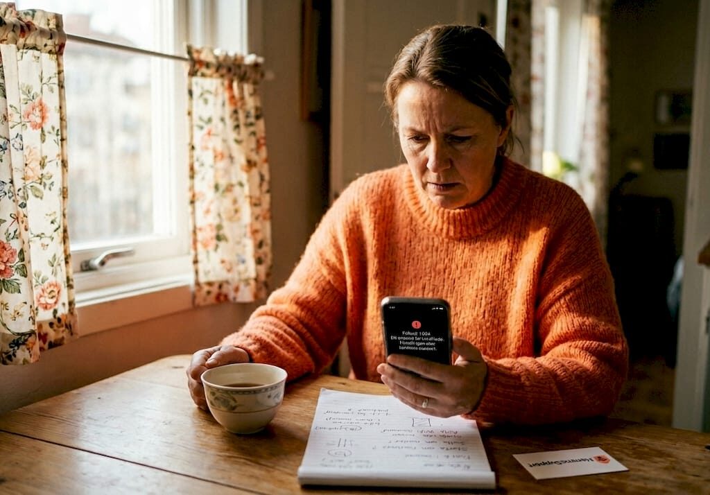 En person sitter vid köksbordet och ser irriterad ut när hen försöker få mobilen att fungera.