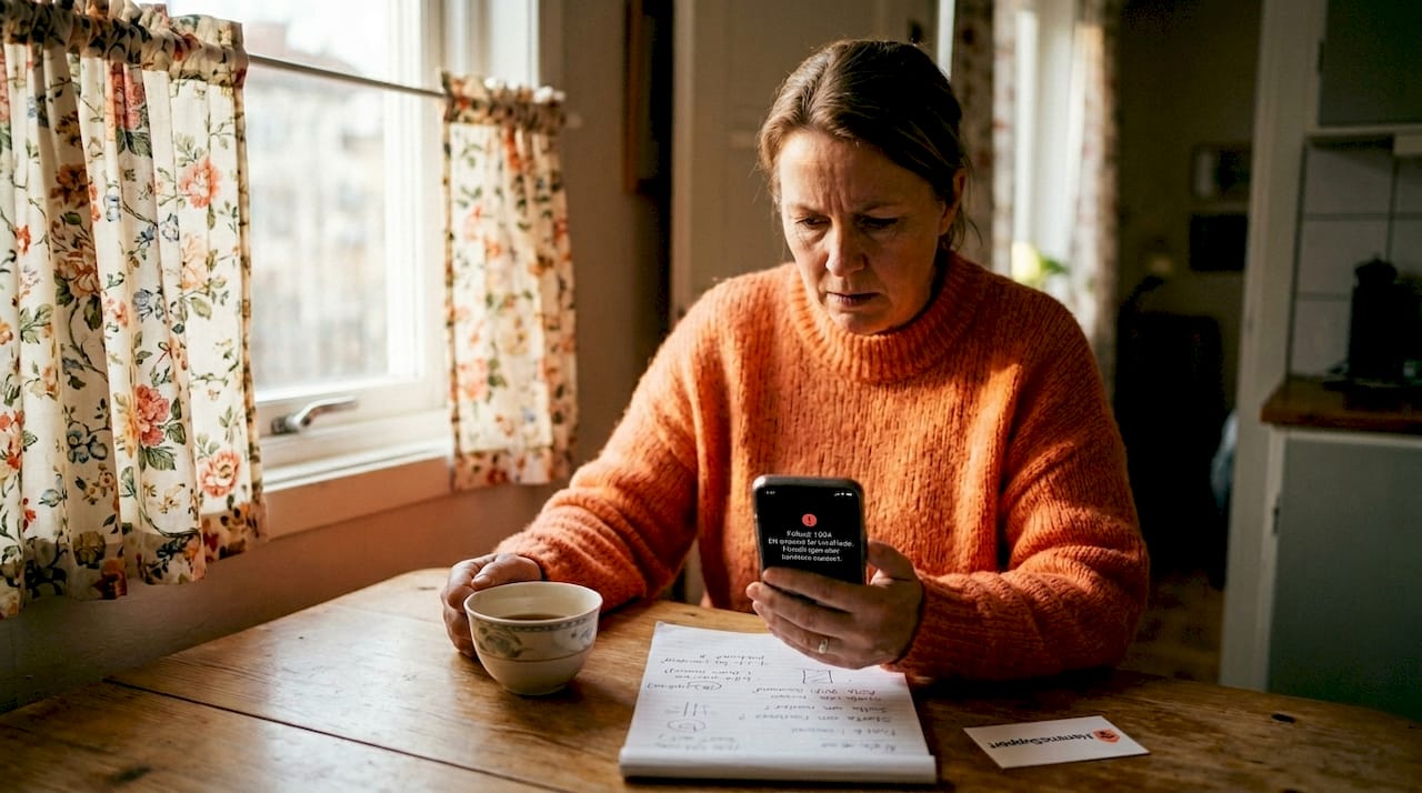 En person sitter vid köksbordet och ser irriterad ut när hen försöker få mobilen att fungera.