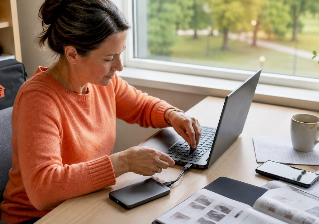 Kvinna säkerhetskopierar filer på en äldre laptop