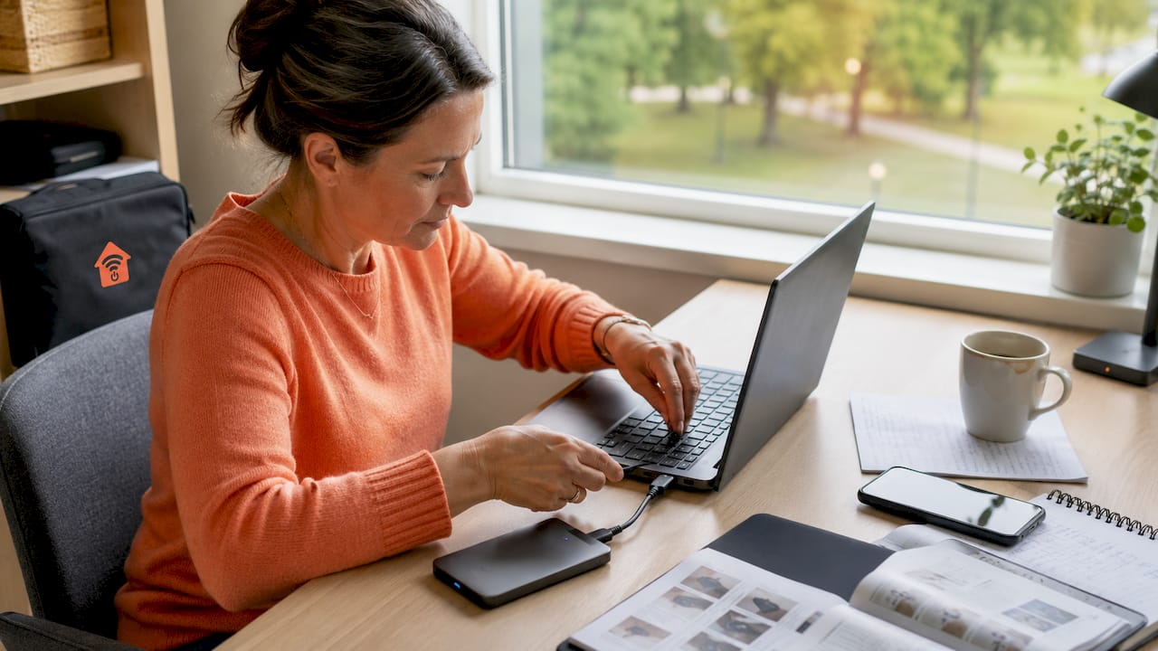 Kvinna säkerhetskopierar filer på en äldre laptop