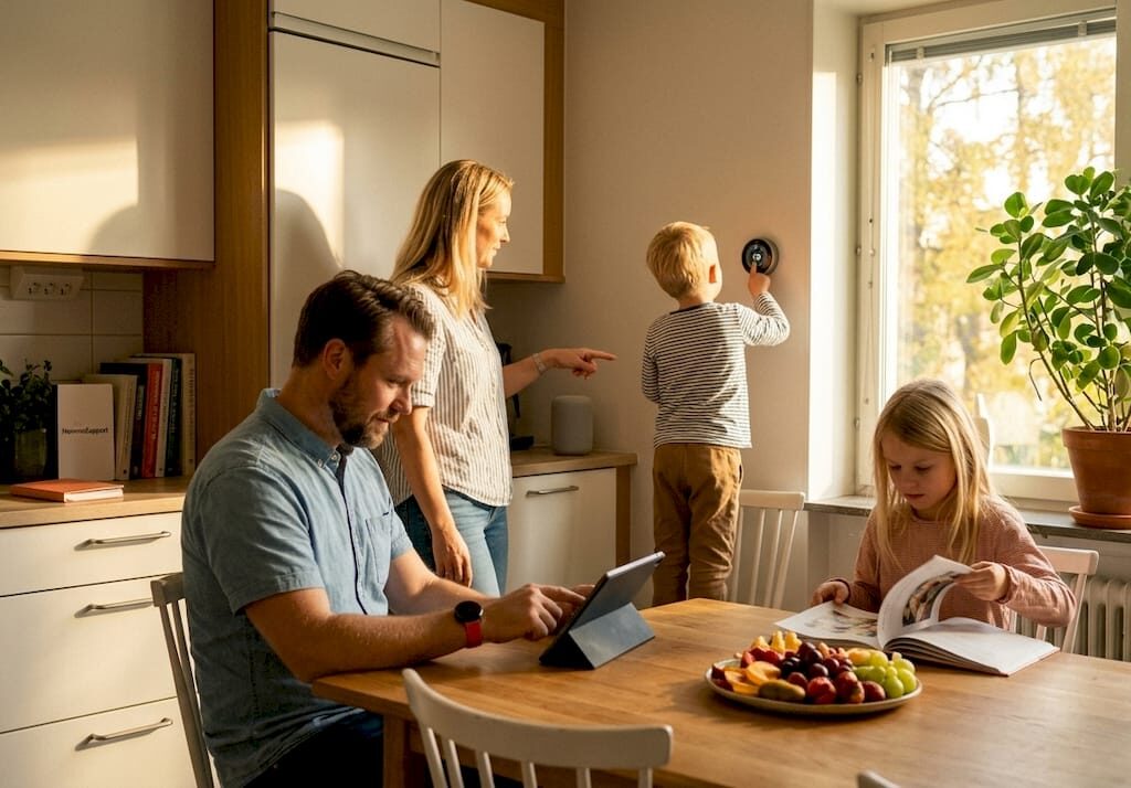 En familj samlas i vardagsrummet och använder olika smarta prylar i hemmet.