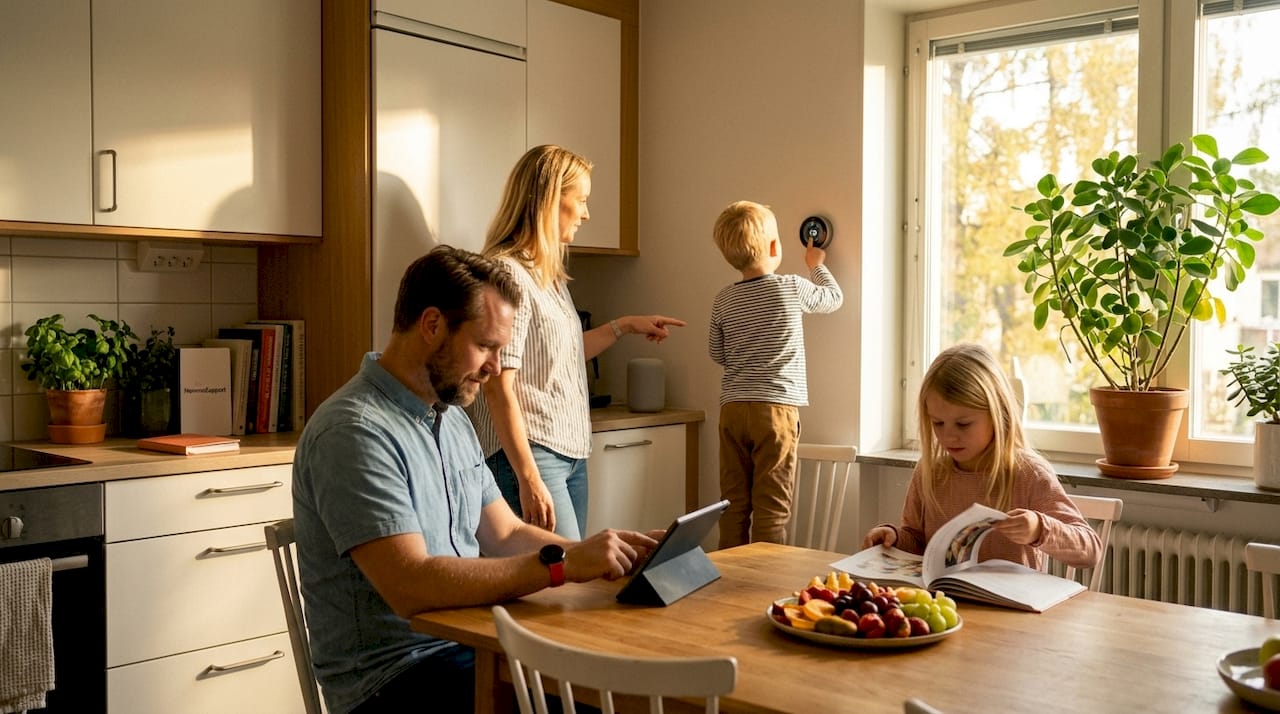 En familj samlas i vardagsrummet och använder olika smarta prylar i hemmet.