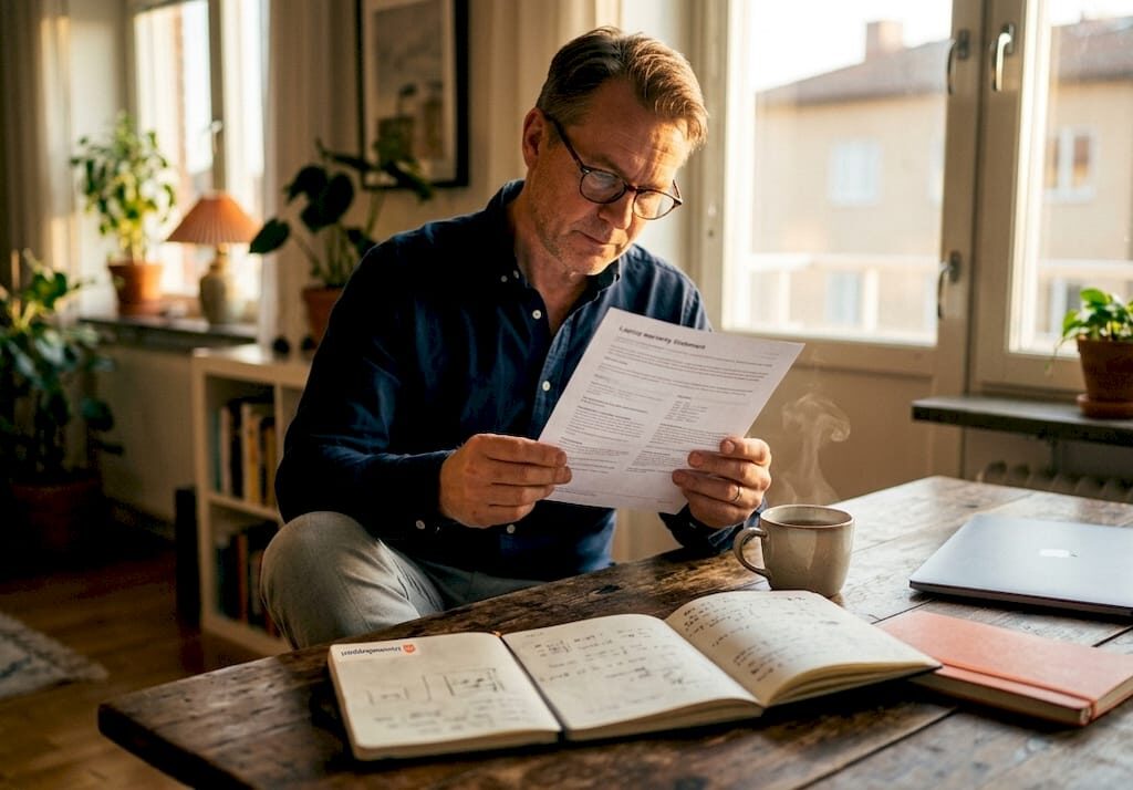 En man sitter vid köksbordet och läser igenom garantipapperen.