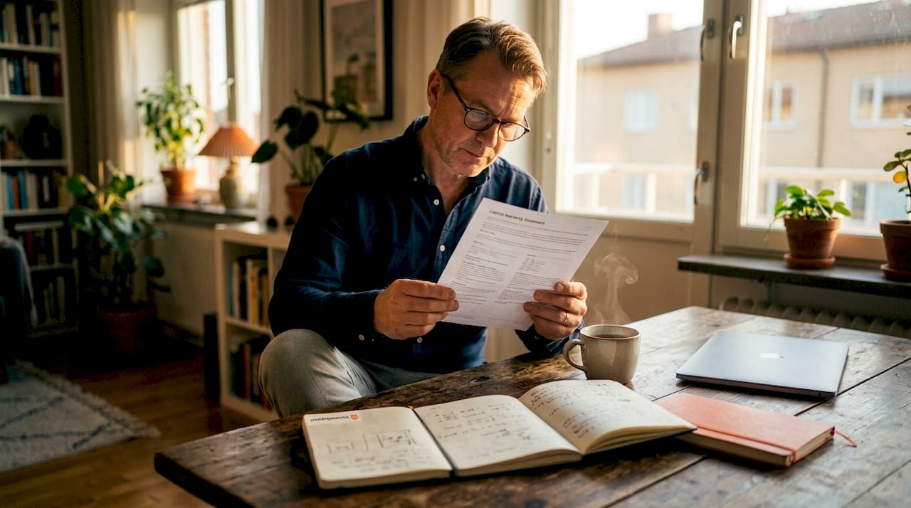 En man sitter vid köksbordet och läser igenom garantipapperen.