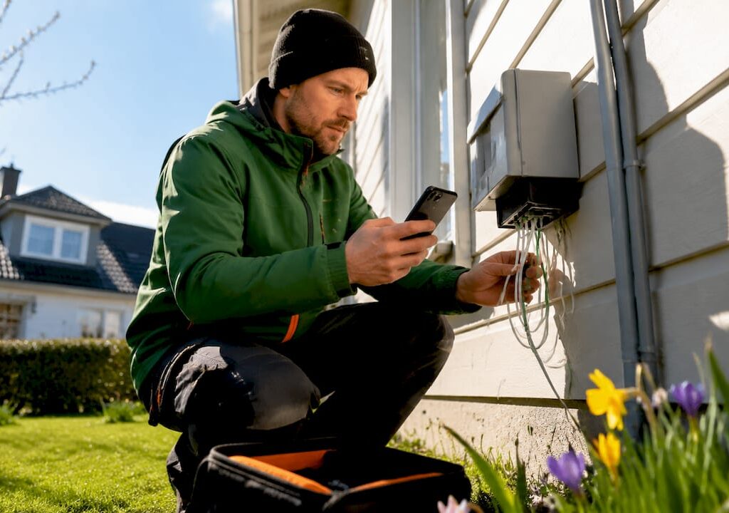 En tekniker håller på att dra in fiber utanför huset.