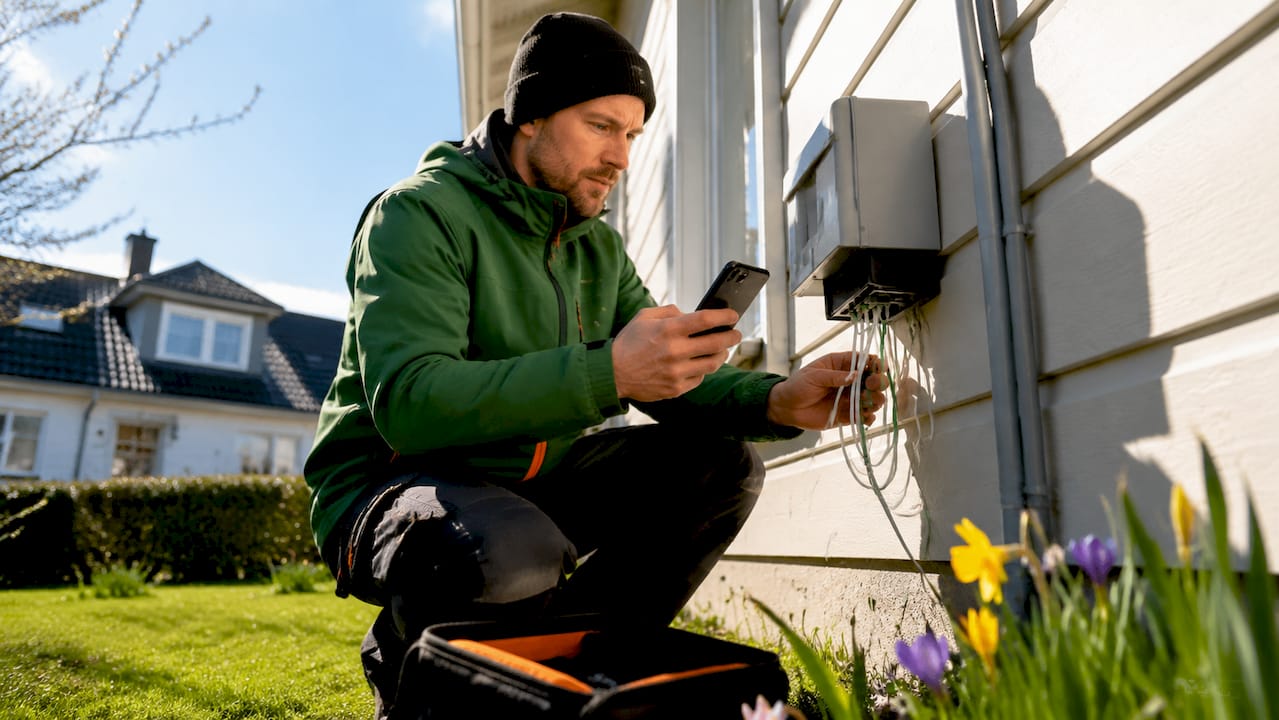 En tekniker håller på att dra in fiber utanför huset.
