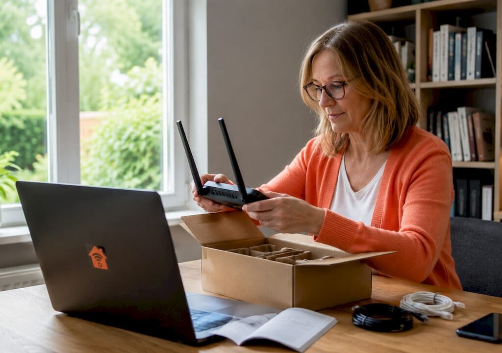En kvinna packar upp en router i vardagsrummet.