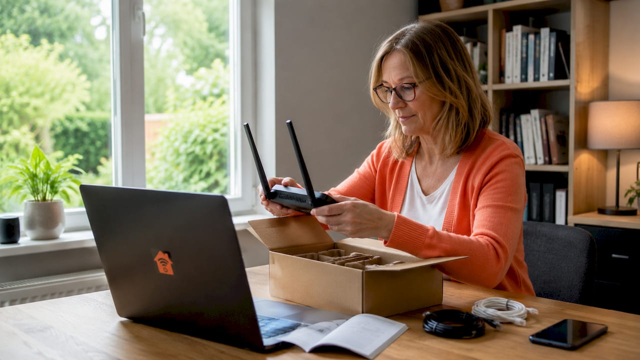 En kvinna packar upp en router i vardagsrummet.