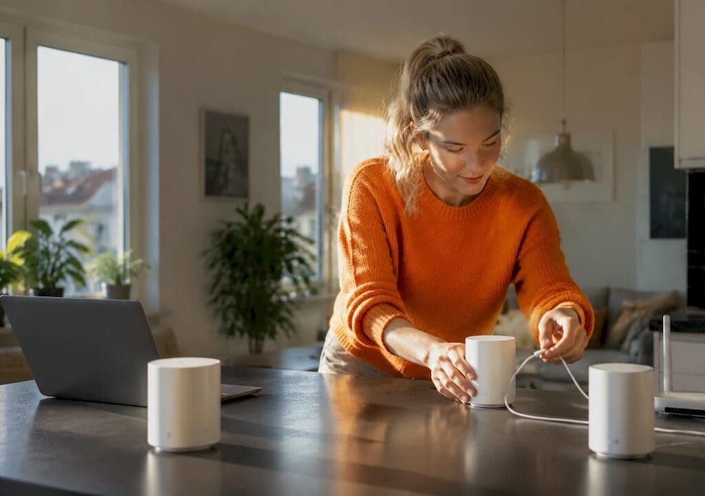 En person sätter upp ett mesh-nätverk hemma för att få bättre wifi-täckning.