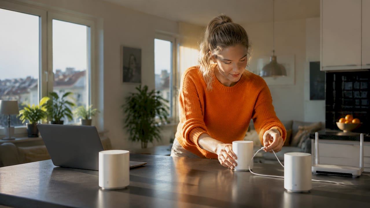 En person sätter upp ett mesh-nätverk hemma för att få bättre wifi-täckning.