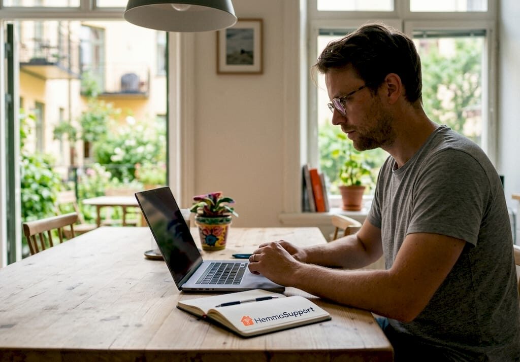 En person sitter hemma och installerar ett antivirusprogram på datorn för att skydda sig mot virus och skadliga filer.