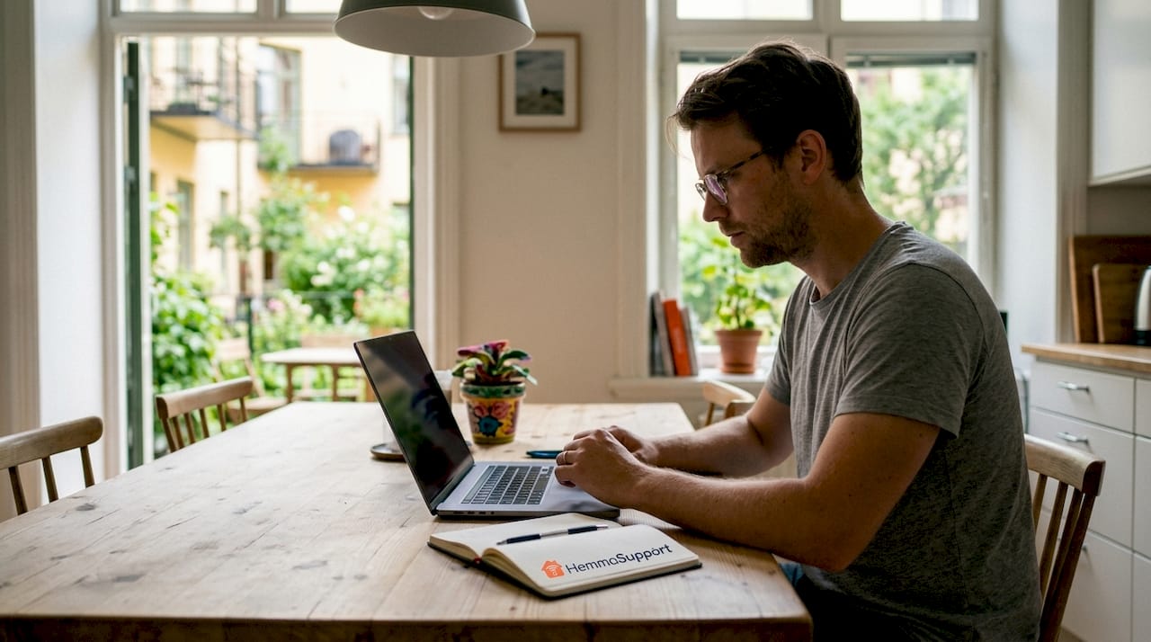 En person sitter hemma och installerar ett antivirusprogram på datorn för att skydda sig mot virus och skadliga filer.