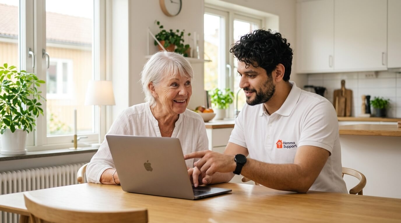 HemmaSupport tekniker hjälper äldre kvinna med datorhjälp hemma i Göteborg