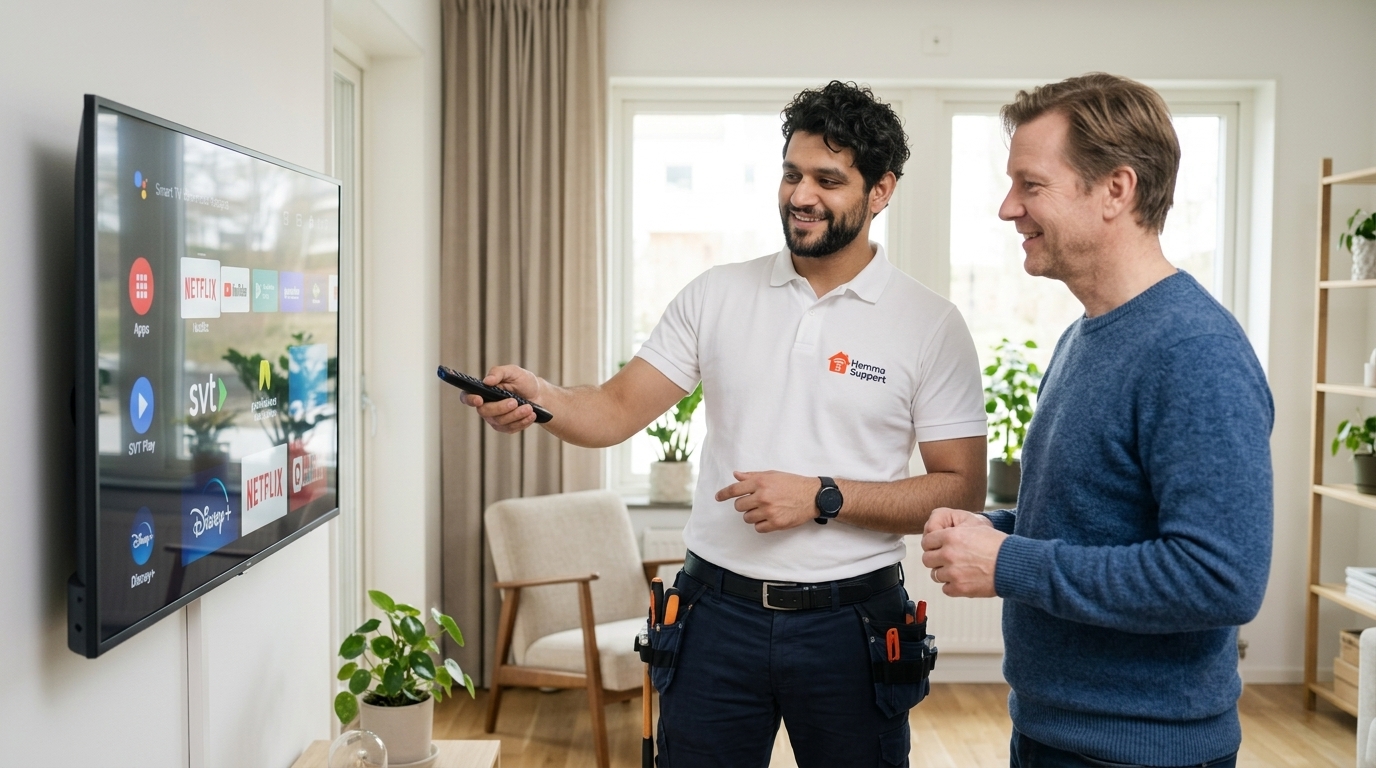 HemmaSupport tekniker hjälper familj med TV installation hemma i Göteborg