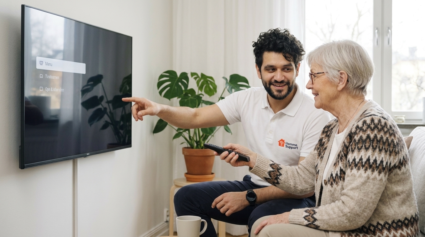 HemmaSupport tekniker hjälper äldre kvinna med TV hjälp hemma i Göteborg