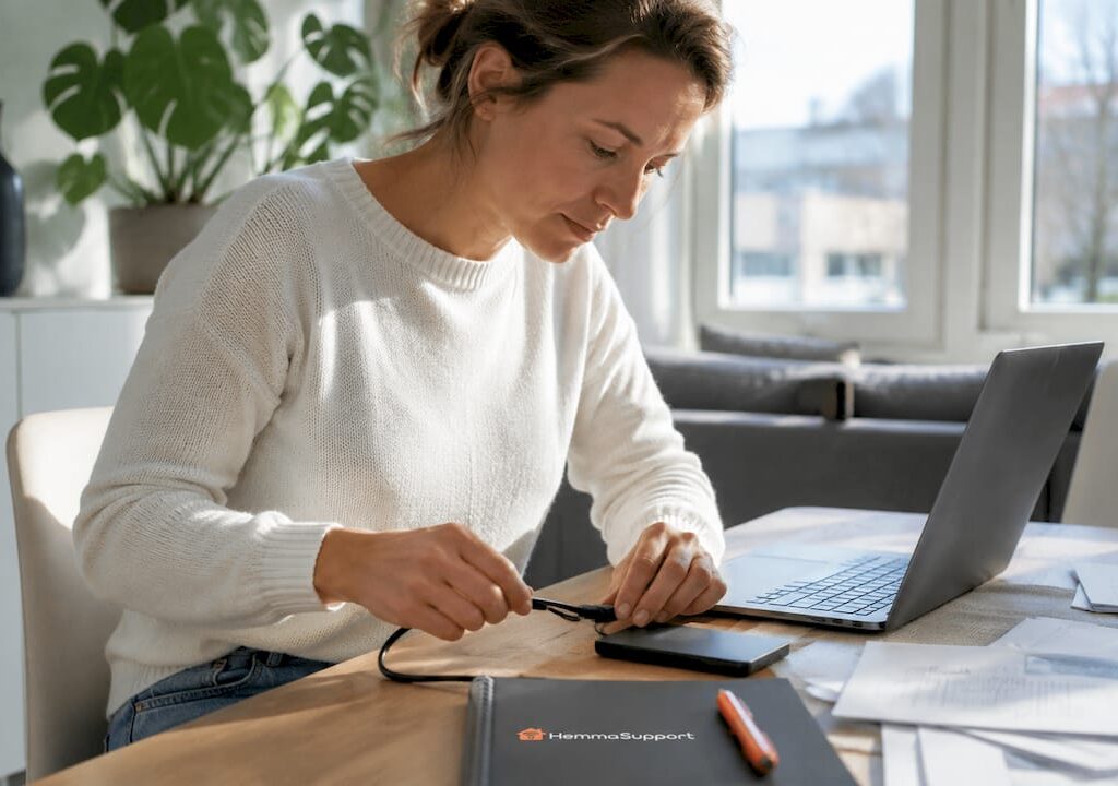En person kopplar in en extern hårddisk för att säkerhetskopiera sina filer.