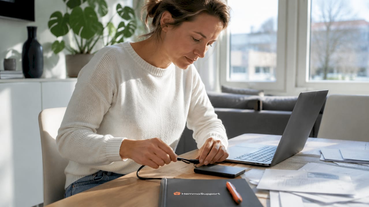 En person kopplar in en extern hårddisk för att säkerhetskopiera sina filer.