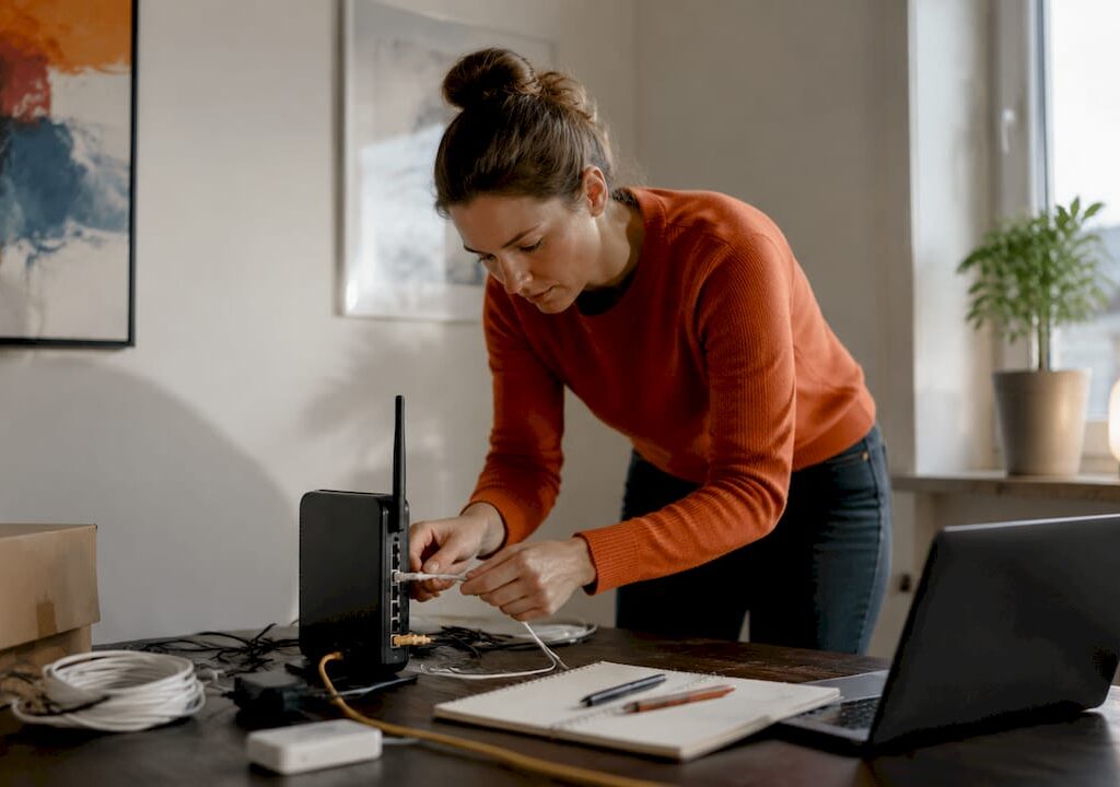 En kvinna fixar ny router hemma och kopplar upp sig till nätet.